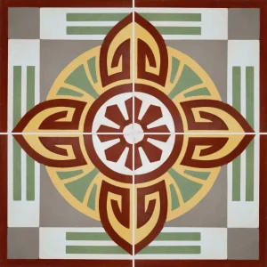 Carreau ciment CARODECO 1050-1 motif géométrique et floral, rouge, jaune et vert style carreaux anciens décoratif art déco