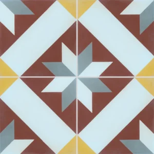 Carreau de ciment CARODECO référence 1150-1 motif géométrique étoile rouge, blanc, gris et jaune motif traditionnel