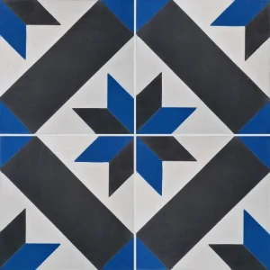 Carreau de ciment CARODECO 1150-13 motif étoile géométrique bleu, gris anthracite et blanc style graphique