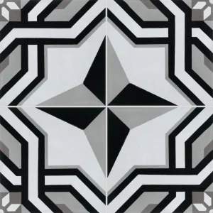 Carreau de ciment véritable CARODECO 1200-1 motif étoile géométrique noir gris et blanc