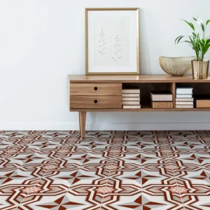 Carreau de ciment CARODECO, géométrique rouge et blanc au sol dans un intérieur avec meuble en bois et décoration minimaliste