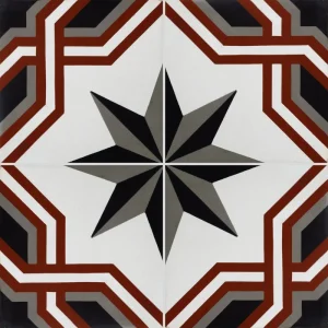 Carreau de ciment CARODECO 1210-1 motif étoile noir gris et rouge géométrique style rétro