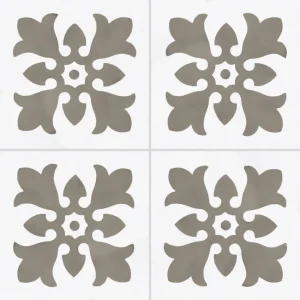 Carreau de ciment CARODECO 3960-2 motif floral gris taupe sur fond blanc style vintage élégant