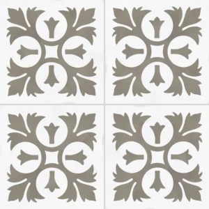 Carreau de ciment CARODECO 3990-2 motif floral taupe sur fond blanc style vintage élégant