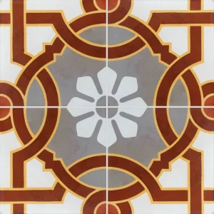Carreau de ciment CARODECO référence 590-1 motif géométrique rouge foncé ocre gris et blanc style rétro