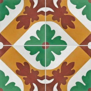Carreau de ciment CARODECO 640-1 motif géométrique vert terracotta et ocre style rétro pour sol intérieur et extérieur