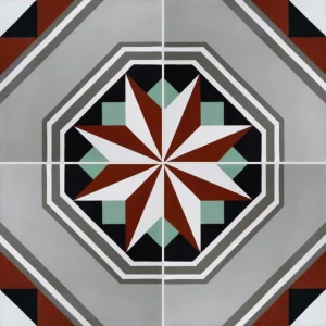 Carreau de ciment CARODECO 7050-1 motif étoile géométrique rouge foncé gris et blanc style vintage