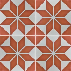 Carreau de ciment CARODECO 7070-3 motif géométrique étoile, rouge brique et gris effet vintage