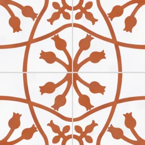 Carreau de ciment CARODECO 710-1 motif floral terracotta sur fond blanc style vintage