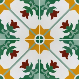 Carreau de ciment CARODECO 7150-1 motif floral géométrique vert jaune et rouge style rétro pour sol intérieur et murs
