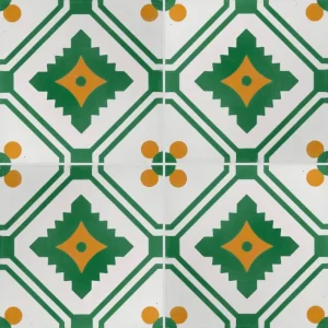 Carreau de ciment CARODECO 7200-1 motif géométrique vert et jaune style rétro pour sol intérieur
