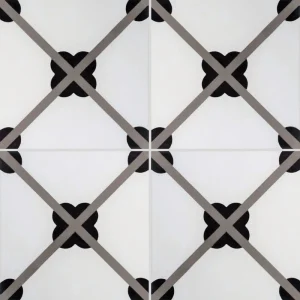 Carrelage carreau de ciment sol et mur Carodeco 7250-1 motif losange gris, fond blanc avec rosaces noires aux intersections