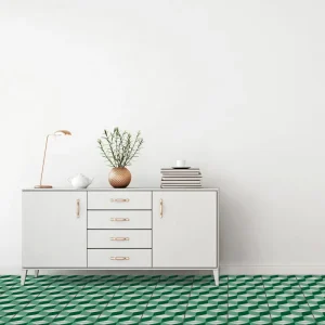Salon moderne avec carreau de ciment CARODECO 7290-1 motif géométrique vert et blanc effet 3D contemporain