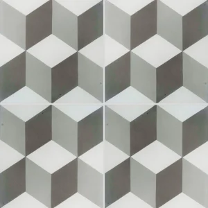 Carreau de ciment CARODECO 7290-2 motif géométrique style vasarely gris et blanc effet 3D contemporain