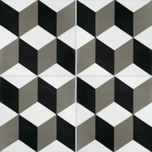 Carreau de ciment CARODECO 7290-3 motif géométrique style vasarely noir gris et blanc effet 3D contemporain