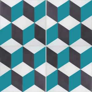 Carreau de ciment CARODECO 7290-4 motif géométrique bleu canard gris foncé et blanc effet 3D contemporain