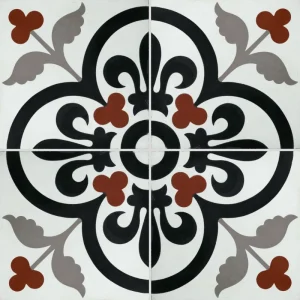 Carreau de ciment CARODECO 7310-2 motif floral noir avec accents rouges et gris sur fond blanc, formant une rosace élégante