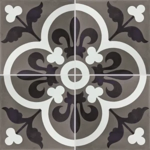 carreau de ciment véritable formant une rosace arabesque aux couleurs grises blanches et anthracites