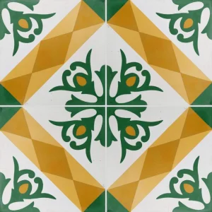 Carreau de ciment CARODECO 7320-1 motif géométrique et floral vert et jaune sur fond blanc, style rétro pour sol intérieur