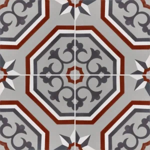 carreau de ciment véritable, rosace, couleurs harmonieuses anthracite, gris, bordeaux motif traditionnel et élégant CARODECO.