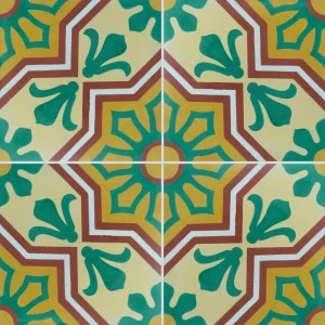 Carreau de ciment CARODECO 7350-1 motif géométrique floral vert jaune et rouge foncé style traditionnel pour sols et murs
