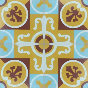 Carreau de ciment CARODECO 7360-1 motif vintage jaune ocre, bleu et bordeaux style décoratif