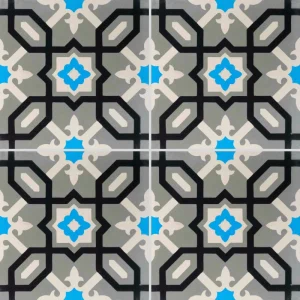 Carreau de ciment CARODECO 7440-1 motif géométrique noir gris blanc avec touches bleu style rétro graphique