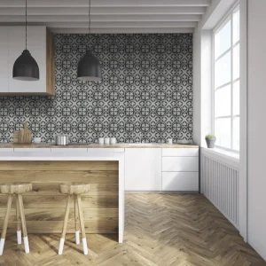 Cuisine moderne et scandinave avec crédence en carreaux ciment CARODECO 7460-2 motif floral et authentique blanc et gris