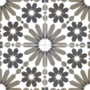 Carreau de ciment CARODECO 7471-1 motif floral géométrique gris taupe et blanc style rétro chic