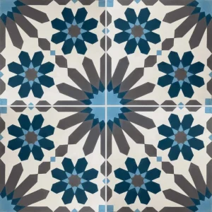 Carreau de ciment CARODECO 7471-2 motif floral géométrique bleu gris écru, style rétro moderne