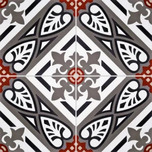 carreau de ciment véritable, motif traditionnel et floral CARODECO, couleurs harmonieuses, gris, anthracite, blanc et rouge.