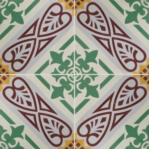 Carreau de ciment CARODECO 7480-2 motif géométrique et floral vert terracotta et jaune style rétro pour sol intérieur