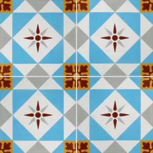 Carreau de ciment CARODECO 7600-2 motif géométrique bleu gris avec étoile rouge et détail ocre