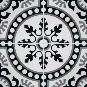 Carreau de ciment CARODECO 7620-1 motif géométrique noir et blanc style rosace décorative vintage et traditionnelle