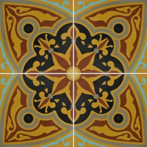 Carreau ciment CARODECO 7650-1 motif floral géométrique noir jaune terracotta et bleu style carreaux anciens coloré
