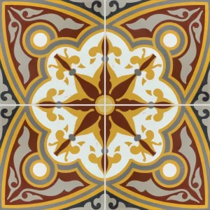 Carreau ciment CARODECO 7650-2 motif floral géométrique jaune terracotta écru et rouge profond style carreaux anciens coloré