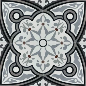 Carreau ciment CARODECO 7650-3 motif floral géométrique noir gris et blanc style carreaux anciens graphique