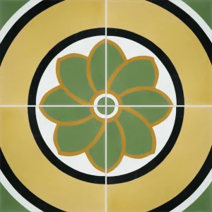 Carreau de ciment CARODECO 770-1 motif floral rond vert et jaune style rétro et art déco pour sol intérieur