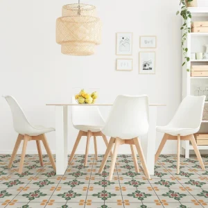 Sol de salle à manger ambiance scandinave avec Carreau de ciment CARODECO 780-1 motif floral tons de vert ocre et rose