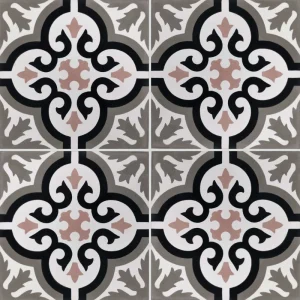 Carreau ciment CARODECO 7900-13 motif rétro noir gris taupe, rose poudré et blanc style carreaux anciens chic