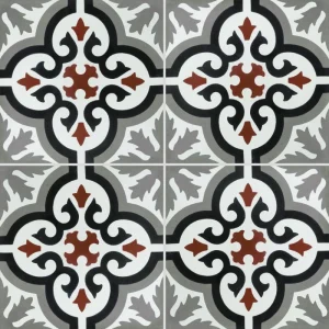 Carreau ciment CARODECO 7900-4 motif rétro noir gris et rouge style carreaux anciens graphique