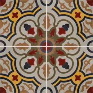 Carreau ciment CARODECO 7910-1 motif floral géométrique multicolore rouge jaune kaki et écru style carreaux anciens décoratif