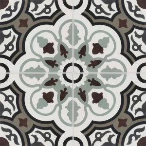Carreau ciment CARODECO 7910-4 motif floral géométrique nuances de gris noir et blanc style carreaux anciens décoratif