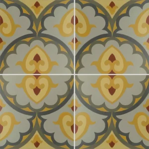 Carreau de ciment CARODECO 7920-1 motif floral géométrique gris jaune et rouge style vintage