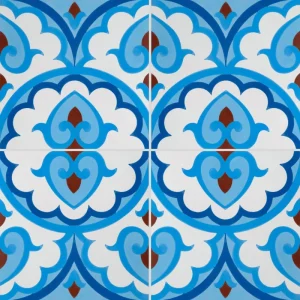 Carreau de ciment CARODECO 7920-2 motif oriental bleu clair et bleu foncé avec détail rouge
