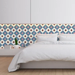 Chambre moderne avec tête de lit en carreaux ciment CARODECO RENEV 2 motif losanges bleu rose poudré marron et ivoire