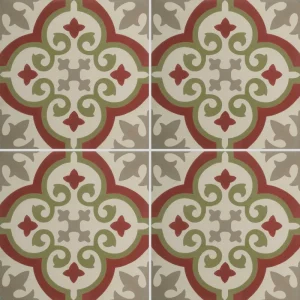 Carreau de ciment CARODECO SH048-8 motif rosace rouge vert et beige style rétro
