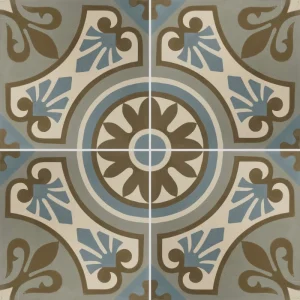 Carreau ciment CARODECO SH050-8 motif floral géométrique beige marron et bleu doux style carreaux anciens décoratif