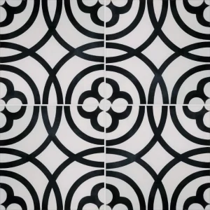 carreau de ciment veritable noir et blanc motif arabesque et floral pour sols et murs