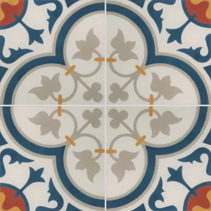 Carreau de ciment CARODECO SH086-1 motif floral ornemental bleu beige gris et terracotta style vintage